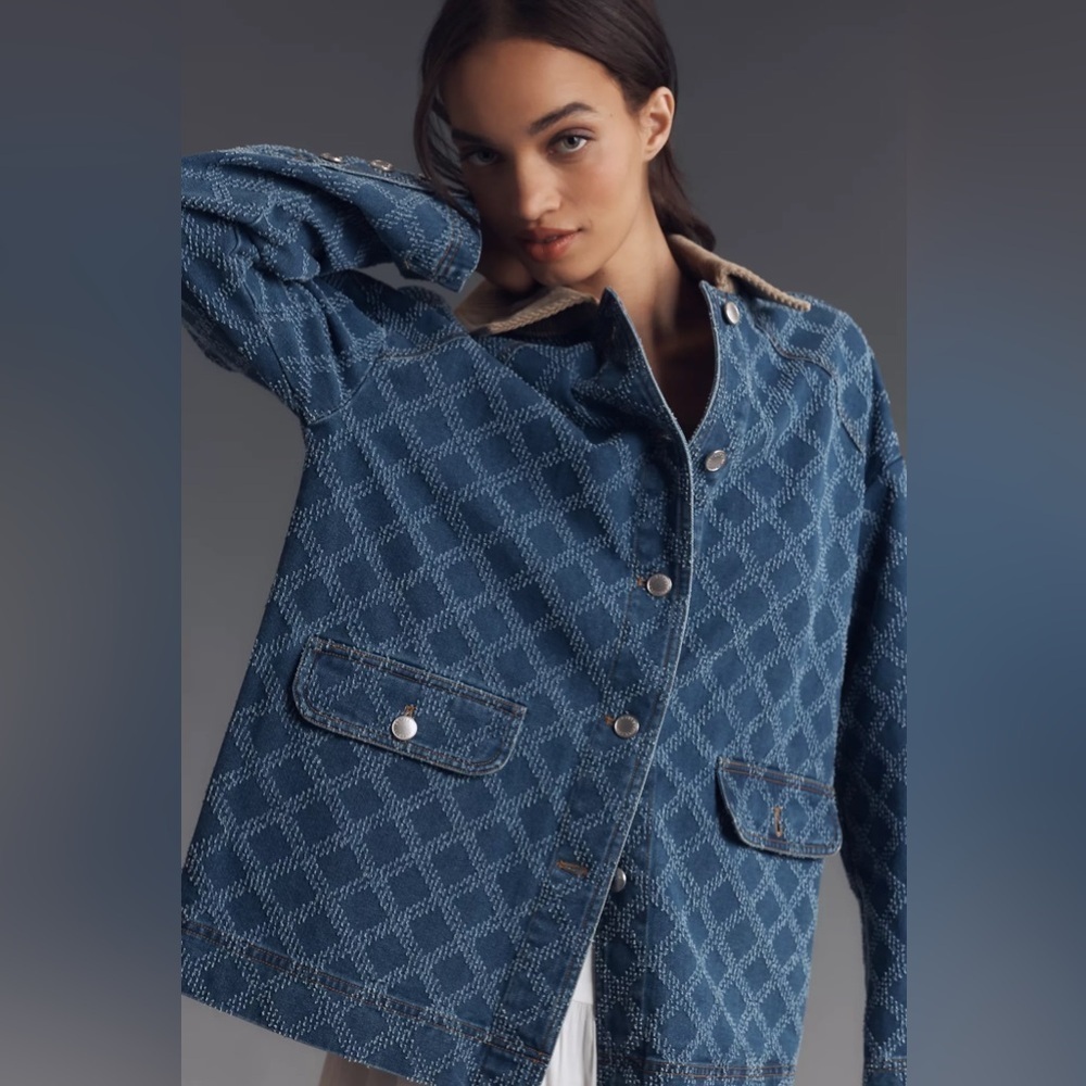 NWT Anthropologie Avec Les Filles Diamond Pattern Denim Barn Jacket